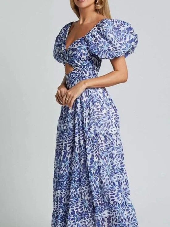 NELROSE MIDI DRESS - SHORT PUFF SLEEVE FRONT CUT OUT DRESS IN BLUE PRINT
Showpo - Picture 2 of 3